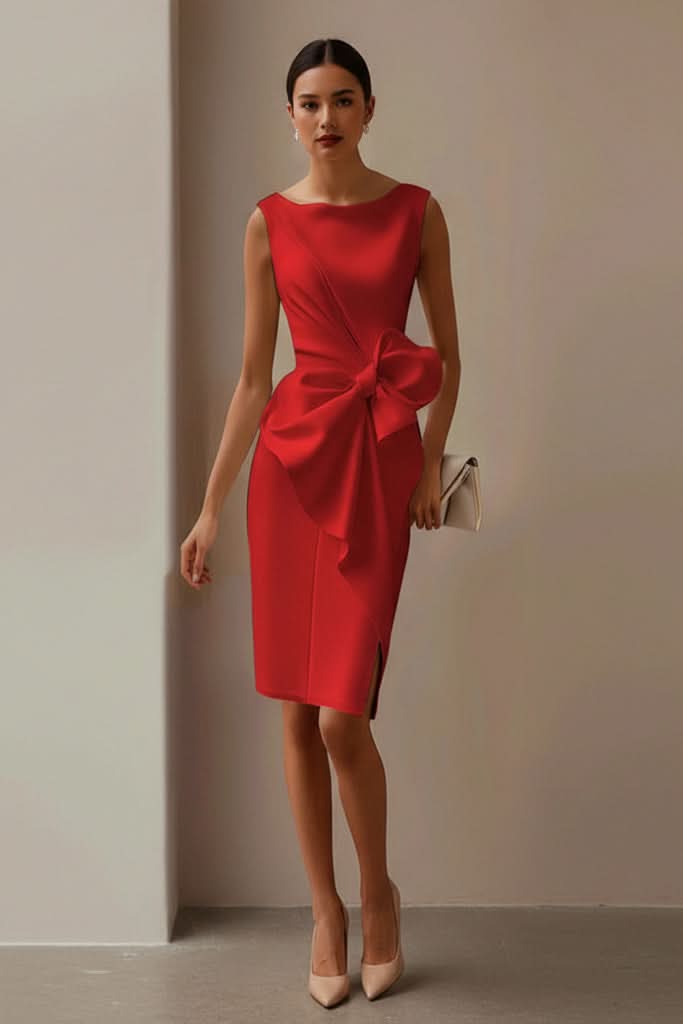 Women's formal evening dress, elegant and sleeveless, showcasing a stylish bow back. Special occasion fashion.