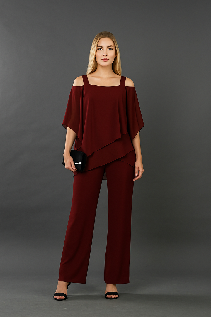 Elegant women's cold-shoulder two-piece pants set. Perfect for parties or a stylish vacation outfit.