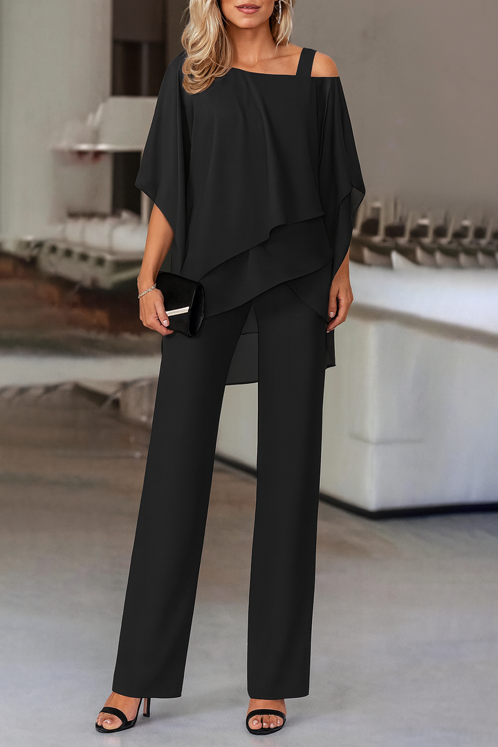 Stylish women's two-piece pants set with cold-shoulder design, ideal for casual chic or party wear.