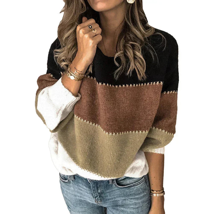 Fashionable colorblock spring knitwear for women, featuring a comfortable crew neck