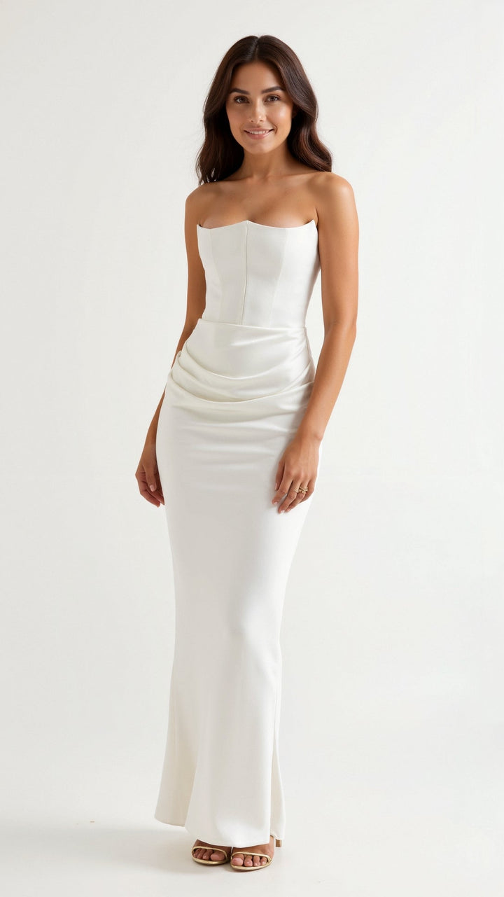 Sleek and elegant women's column maxi dress, suitable for sophisticated wedding guest looks.