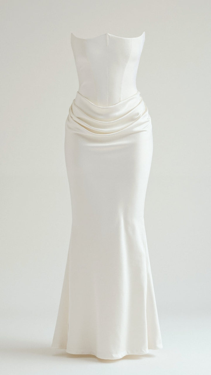 Luxurious women's column maxi dress, designed for comfort and style at a wedding or evening event.