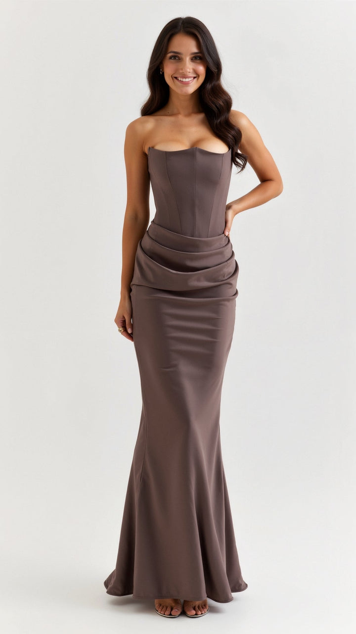 Front view of a classy women's column maxi dress, a sophisticated wedding guest attire.