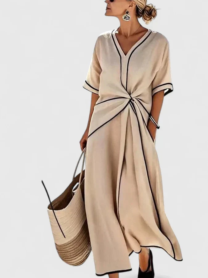 Elegant women's contrast trim twist front maxi dress with V-neck & short sleeves, ideal for summer.