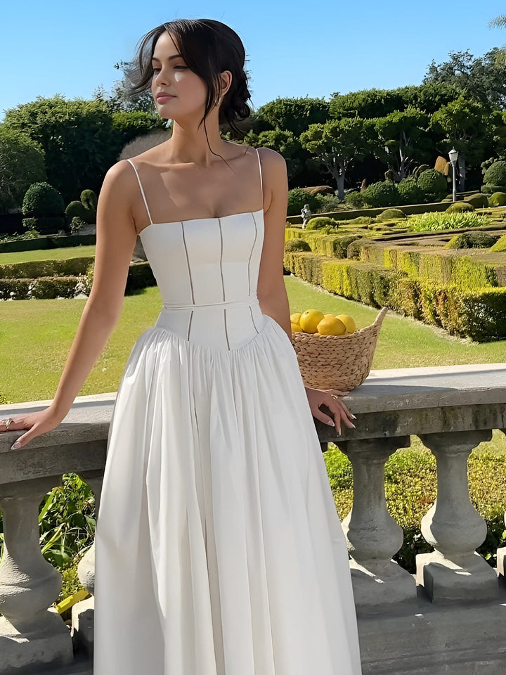 Sleeveless corset midi dress for women, ideal as a stylish wedding guest or party dress.