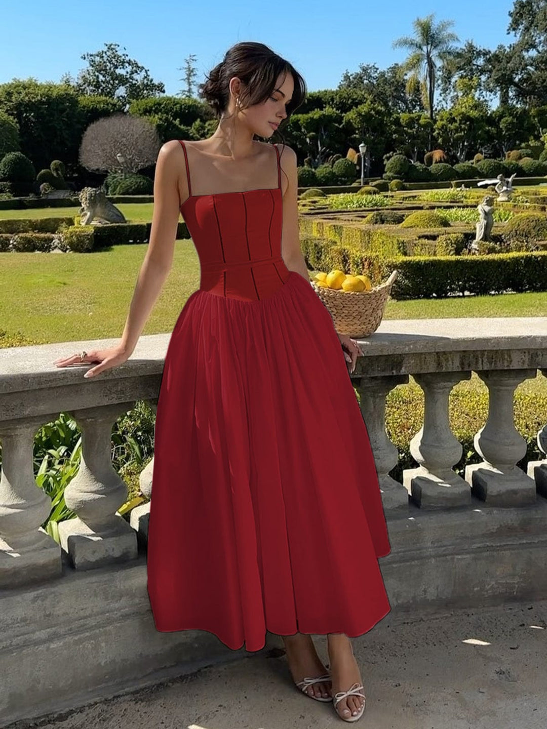 Sophisticated women's evening wear, a corset midi dress perfect for wedding guests.
