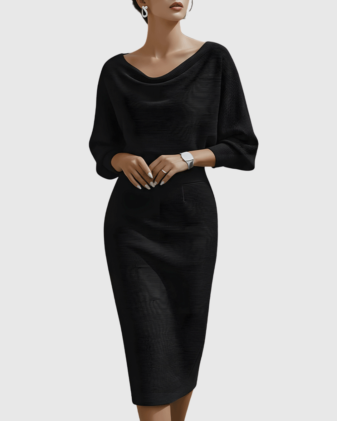 Elegant women's cowl neck batwing sleeve midi dress, perfect for parties or evening wear.