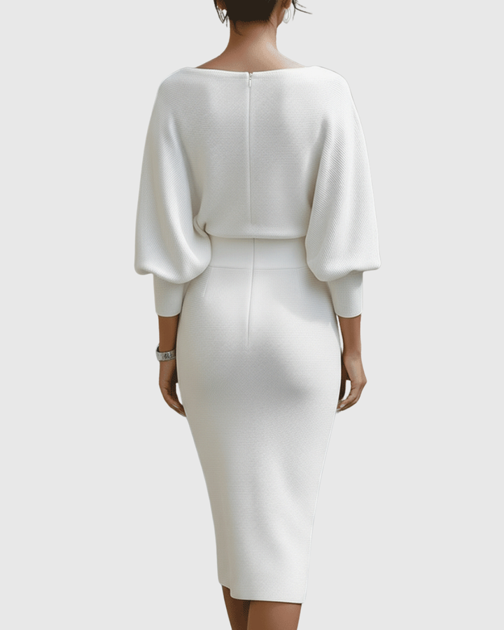 Sophisticated women's midi dress for evening or casual chic, cowl neck & batwing sleeves.