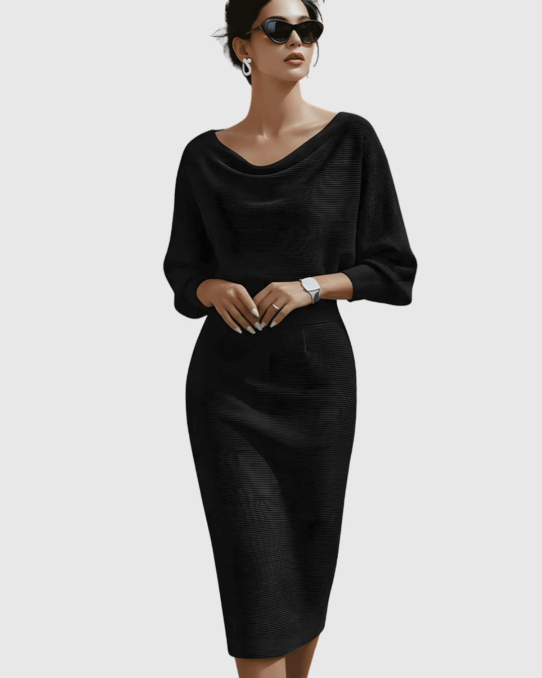 Stylish women's midi dress, elegant cowl neck, batwing sleeves for a sophisticated look.
