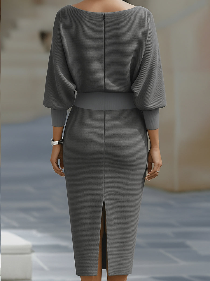 Modern elegant women's cowl-neck bodycon midi dress. Chic, figure-hugging, and perfect for formal events.