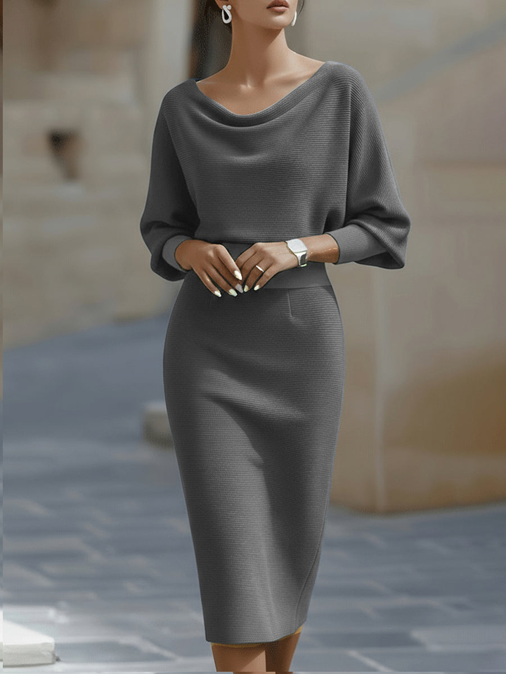 Women's elegant cowl-neck bodycon midi dress. Sophisticated formal party wear for chic evening occasions.