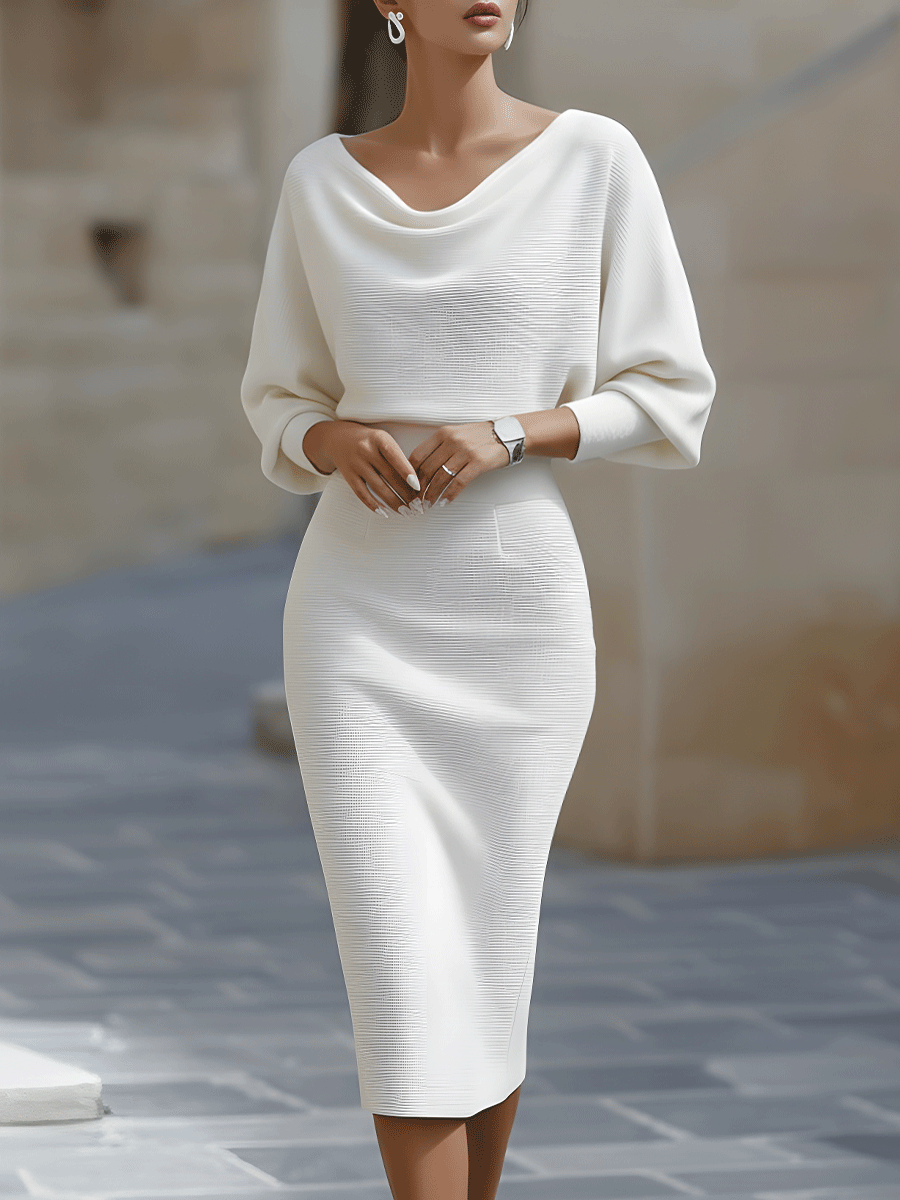 Sophisticated women's cowl-neck bodycon midi dress. Elegant formal wear, perfect for special evening occasions.