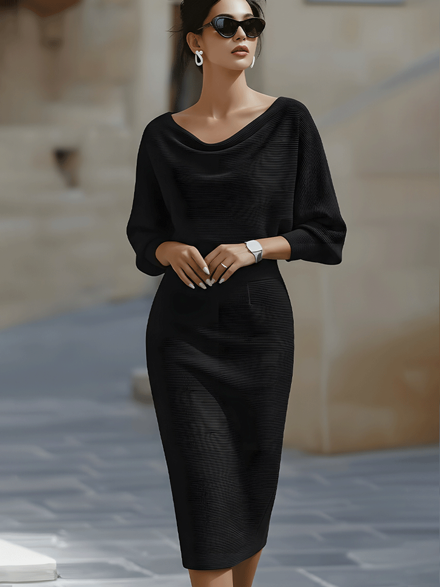 Elegant women's midi dress with stylish cowl neck & bodycon fit, perfect for sophisticated cocktail parties.