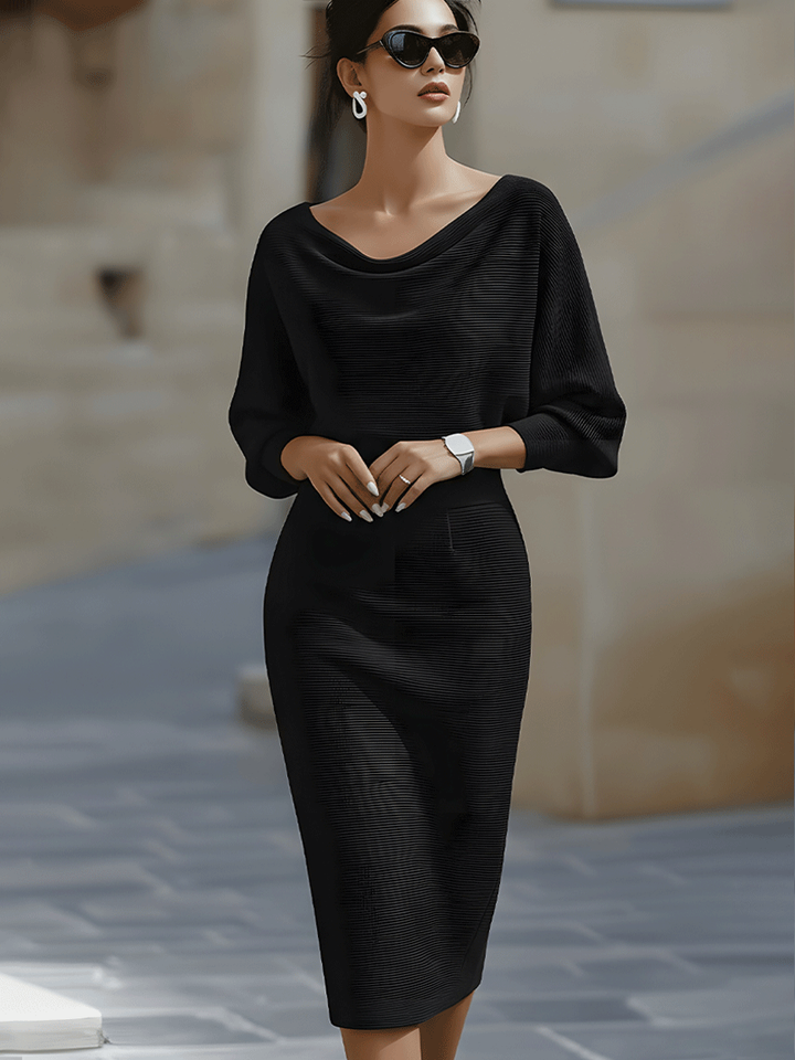 Elegant women's midi dress with stylish cowl neck & bodycon fit, perfect for sophisticated cocktail parties.