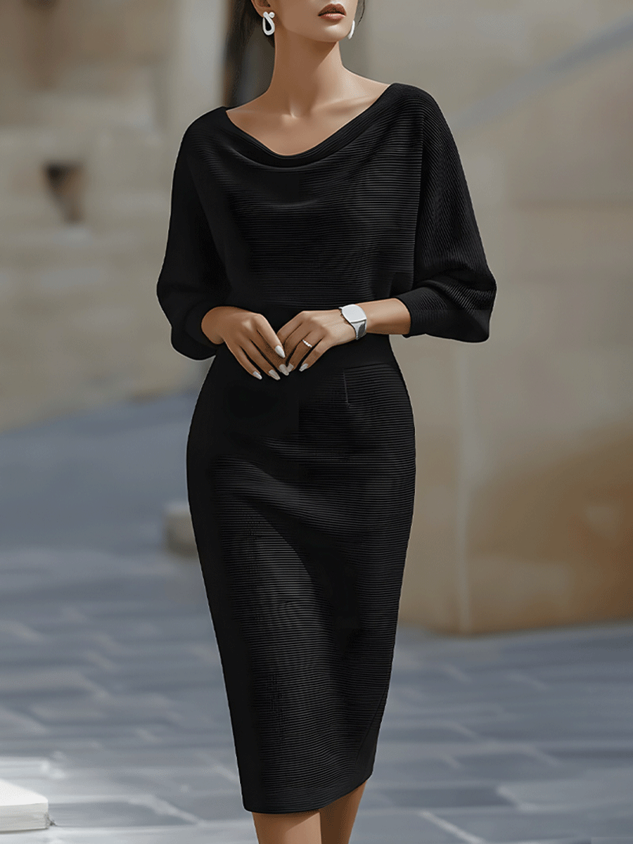 Women's chic bodycon midi dress featuring an elegant cowl neck, ideal for cocktail & formal evening parties.