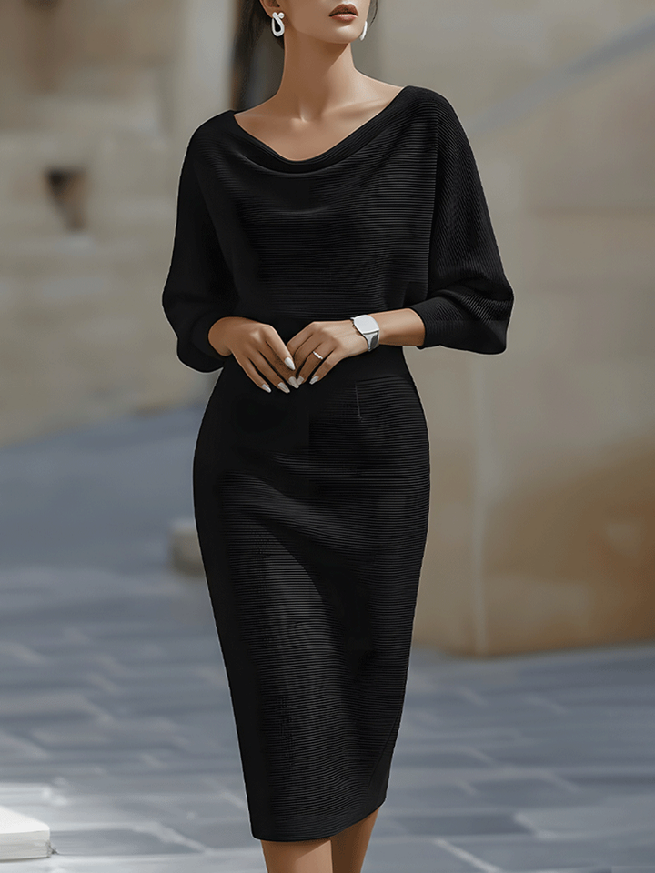 Women's chic bodycon midi dress featuring an elegant cowl neck, ideal for cocktail & formal evening parties.
