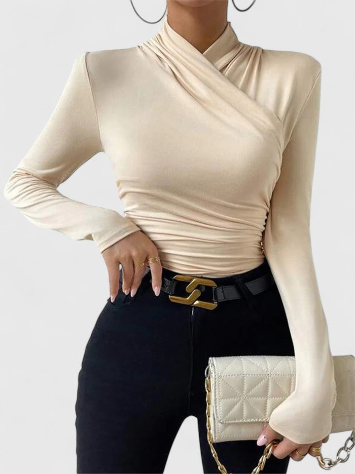 Elegant women's criss-cross long sleeve top in black, slim fit. Perfect for versatile casual or formal wear.