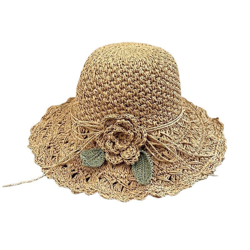 Perfect for summer: women's elegant crochet straw sun hat featuring a graceful ruffle.