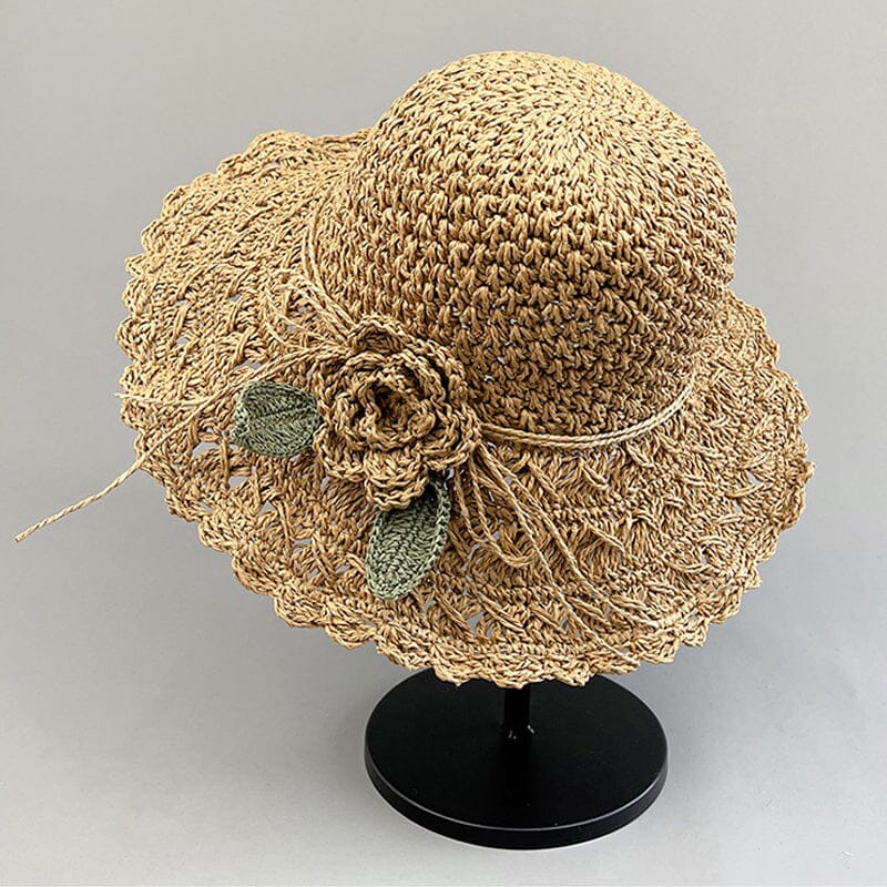 Crochet straw sun hat for women, boasting an elegant ruffle detail, ideal for sunny days.