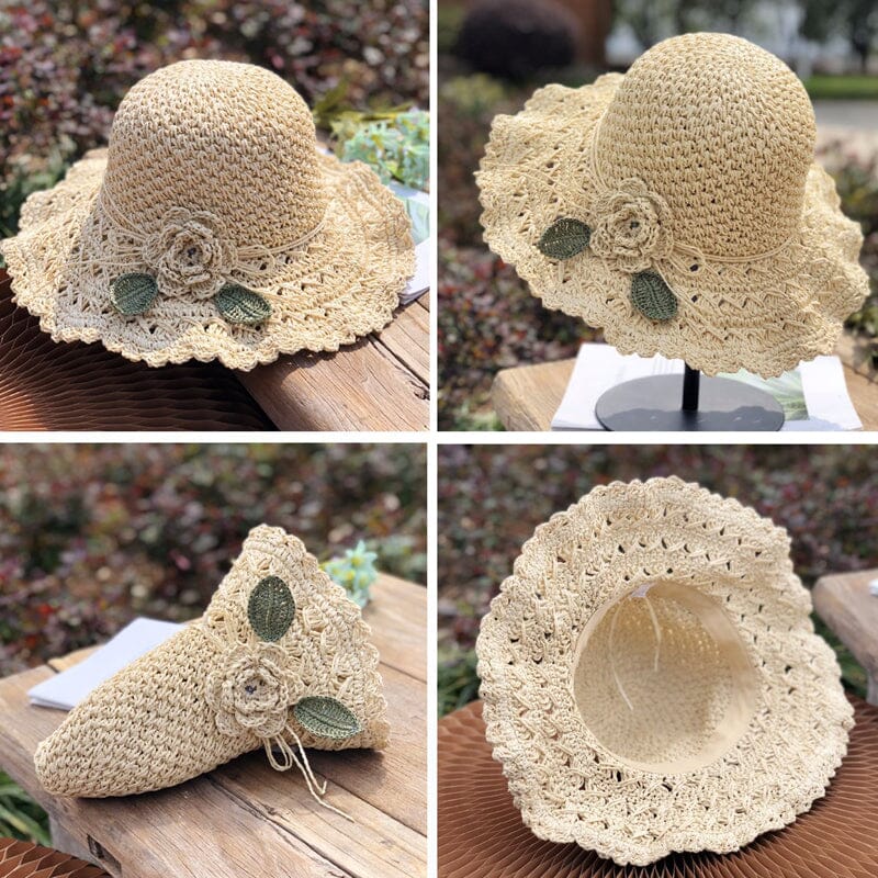 Women's sophisticated straw hat, handcrafted with crochet and adorned with a stylish ruffle.