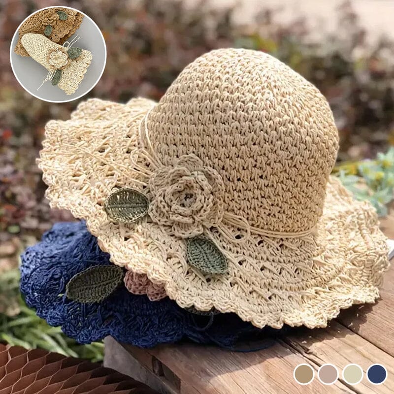 Elegant women's sun hat made from straw, showcasing a lovely crochet design and ruffle accent.