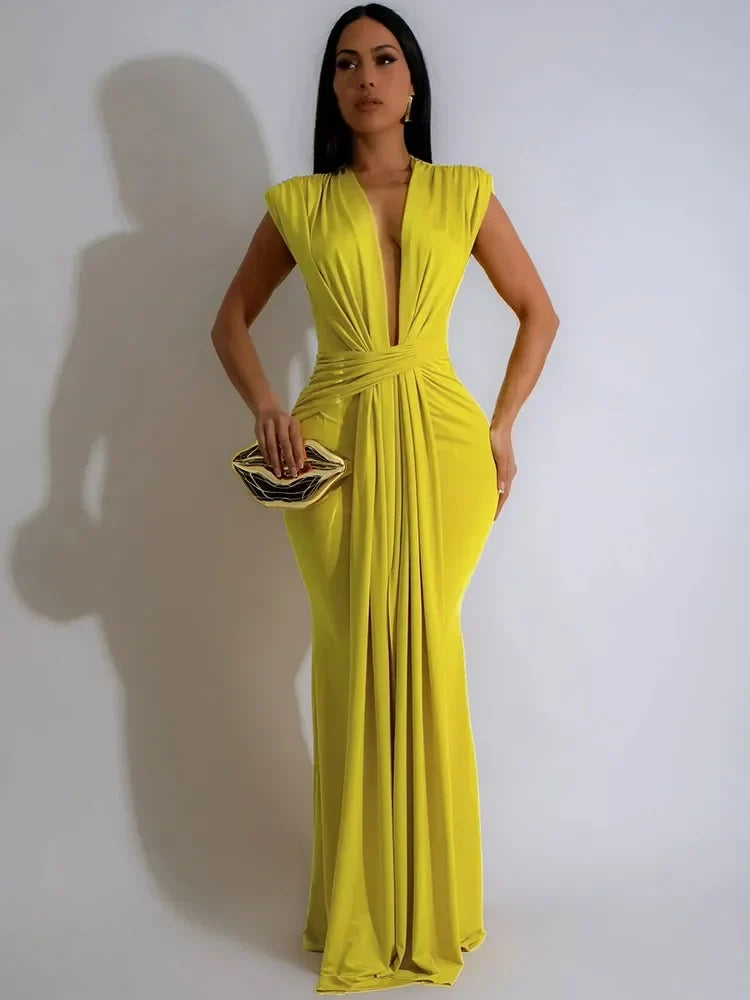 Women's Draped Deep V-Neck Bodycon Maxi Dress, an elegant choice for parties, evenings, and special events.