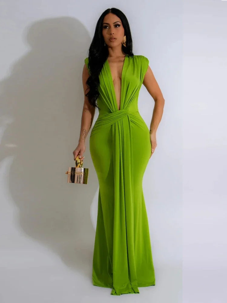 Chic Women's V-Neck Bodycon Maxi Dress with sophisticated draping, a stunning evening or party fashion statement.
