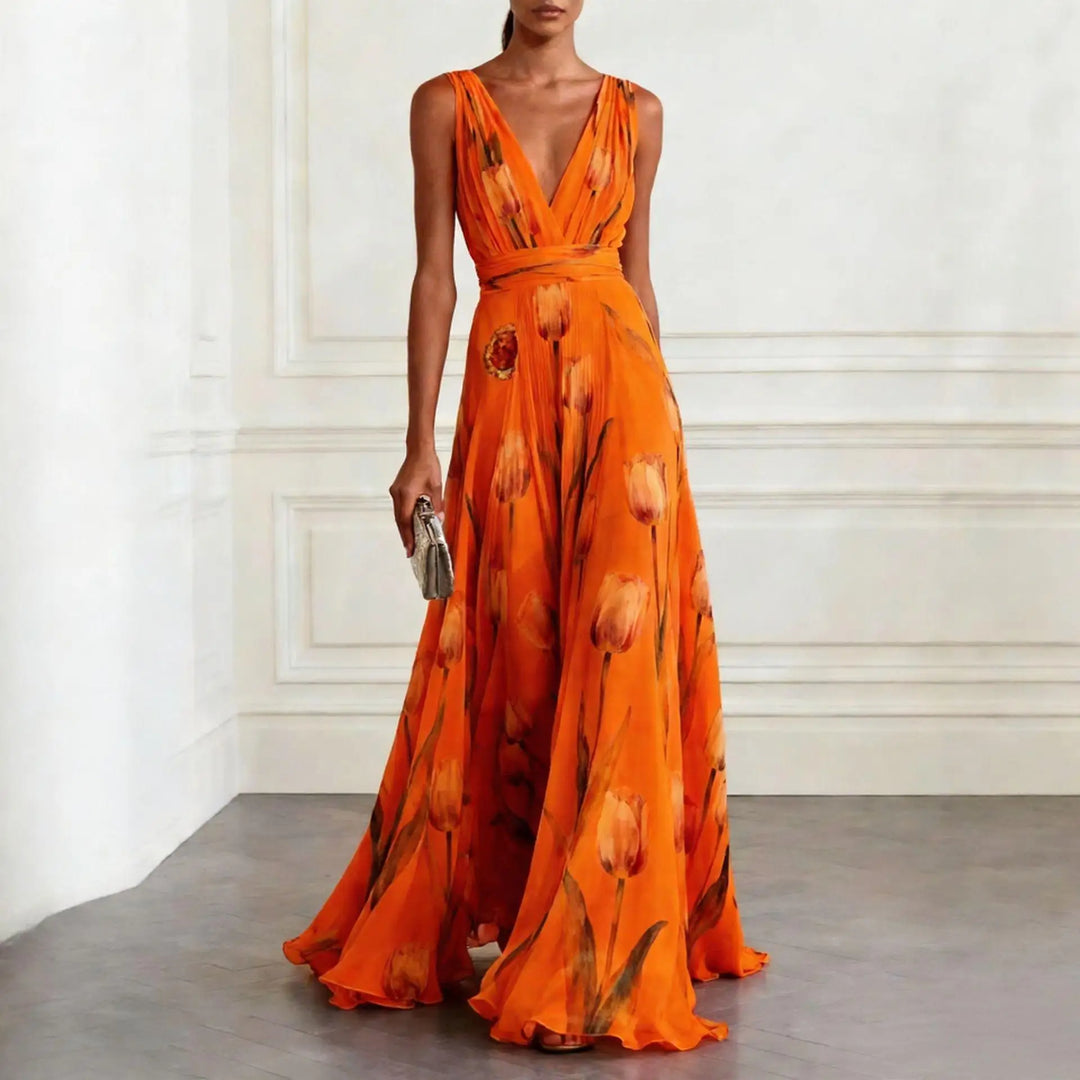Graceful women's floral print V-neck maxi dress with a flowy tulip skirt, perfect as a wedding guest gown.