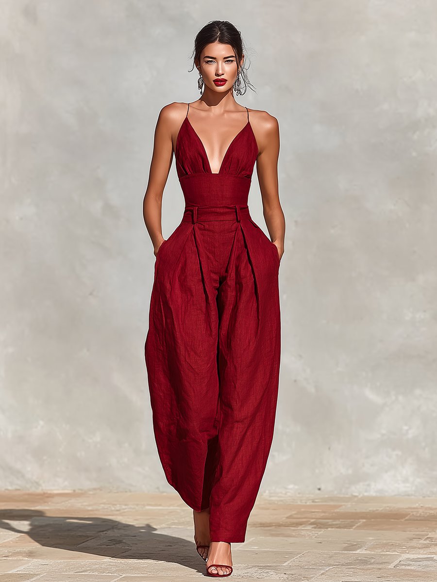 Chic red deep V-neck sleeveless wide leg formal jumpsuit, perfect for wedding guests & dinner.