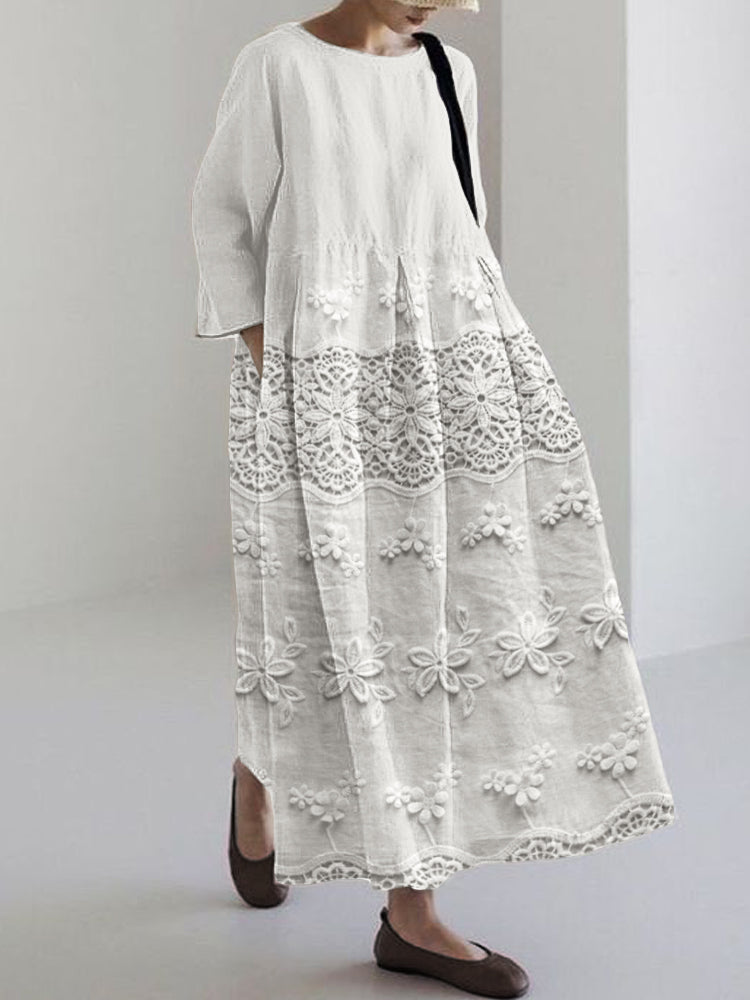 Delicate lace midi dress for women, elegant style for summer parties & romantic occasions. Features floral lace.