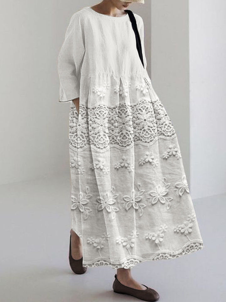 Delicate lace midi dress for women, elegant style for summer parties & romantic occasions. Features floral lace.