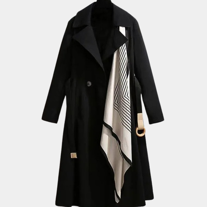 Stylish women's double-breasted trench coat with waist belt, showcasing autumn and winter elegance.