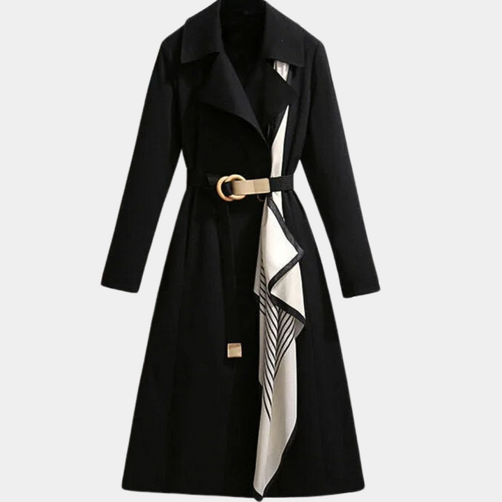 Fashionable women's double-breasted trench coat with a secure belt closure, a timeless piece for cold weather.