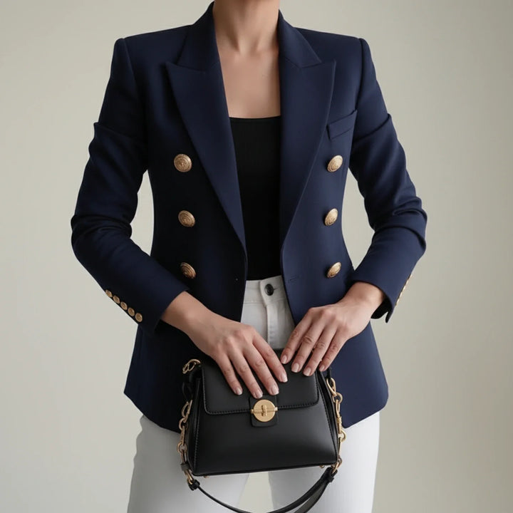 Chic women's tailored blazer, double-breasted with gold buttons, perfect for sophisticated workwear & office attire.