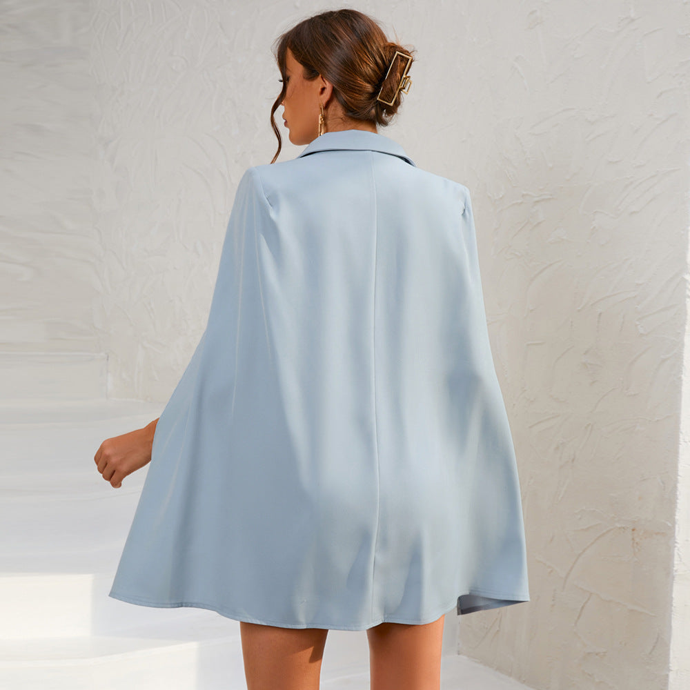 Stylish women's formal midi dress: double-breasted cape silhouette with a flattering belt