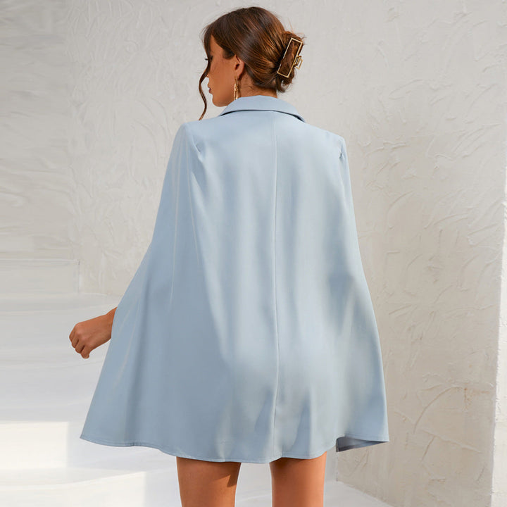 Stylish women's formal midi dress: double-breasted cape silhouette with a flattering belt
