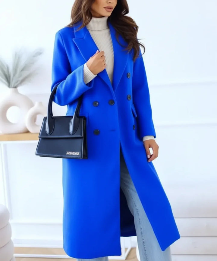 Elegant women's double breasted long trench coat with notch lapel, perfect for fall & winter fashion.