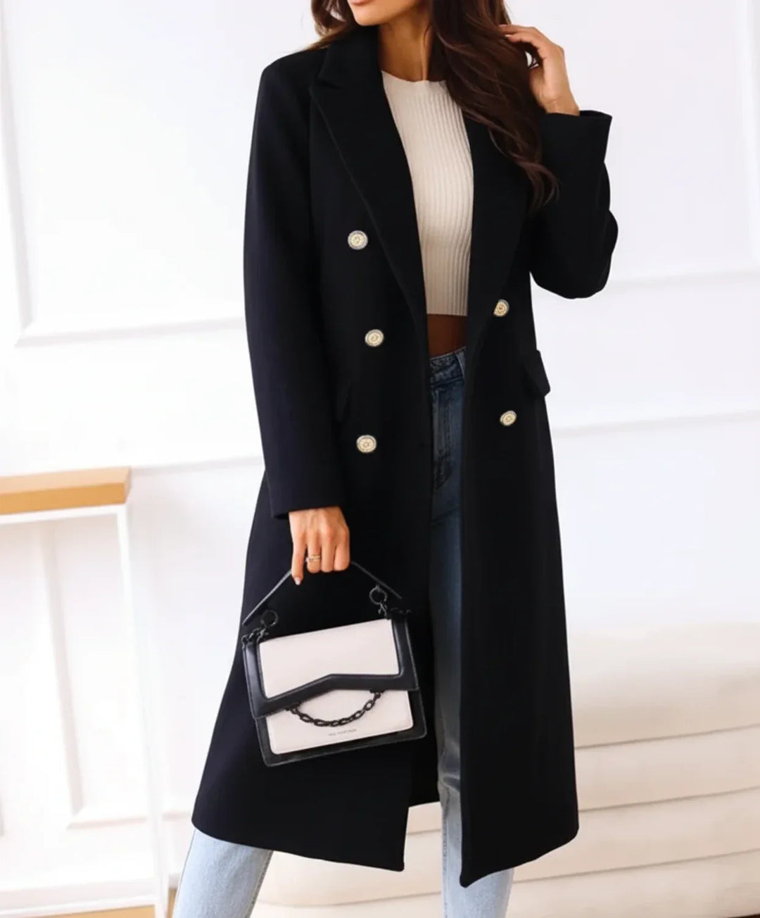 Women's long trench coat, double-breasted elegant outerwear. A stylish jacket for winter & fall fashion.