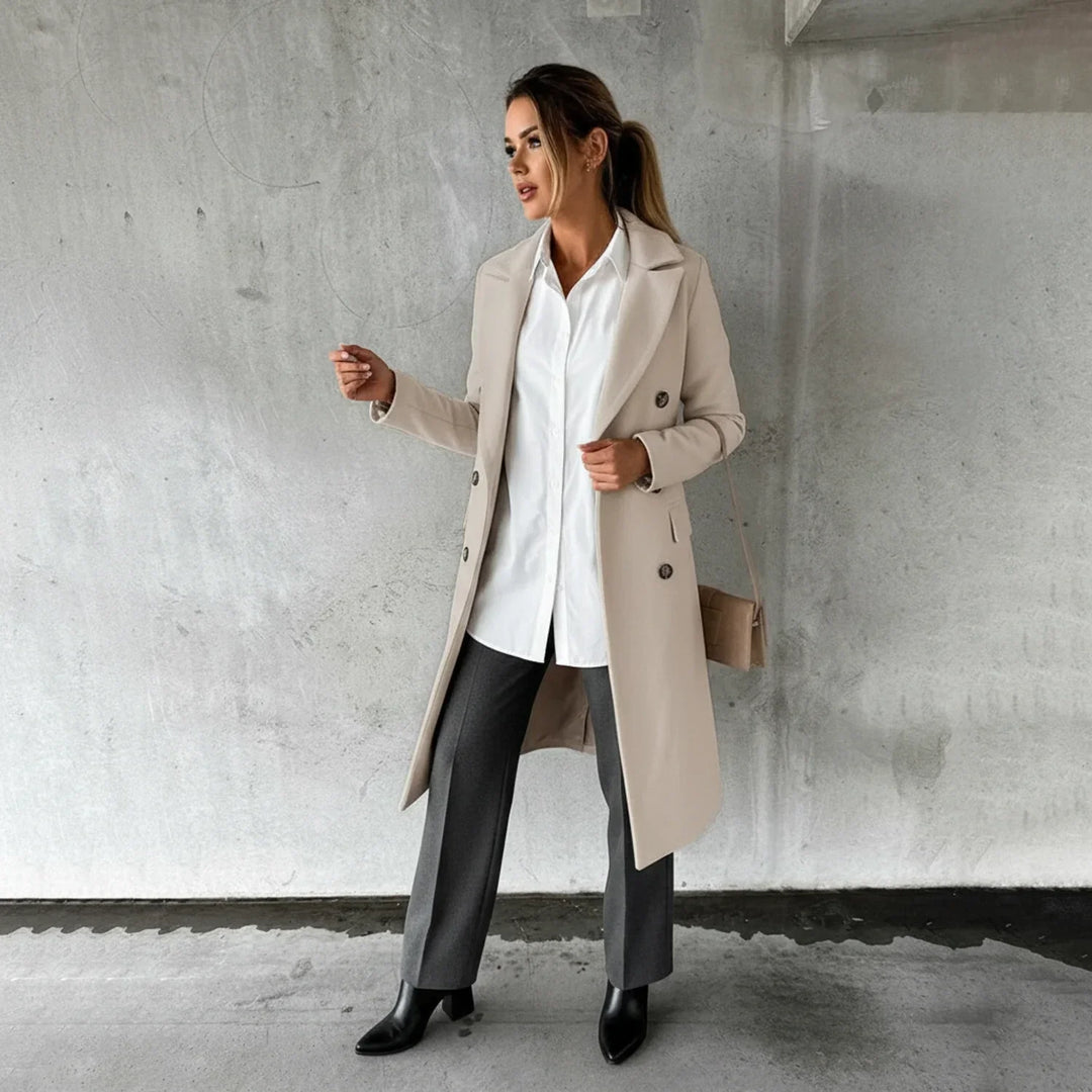Women's warm long double-breasted winter coat. Elegant, classic design ideal for sophisticated fall & winter fashion.