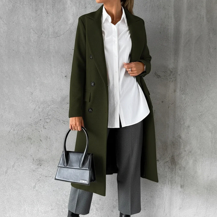 Stylish women's double-breasted long winter coat. Elegant, warm outerwear for a chic fall & winter wardrobe.