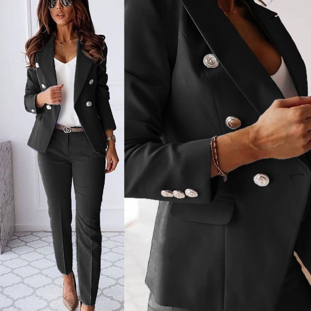 Elegant women's double-breasted suit set for professional office attire & formal events.