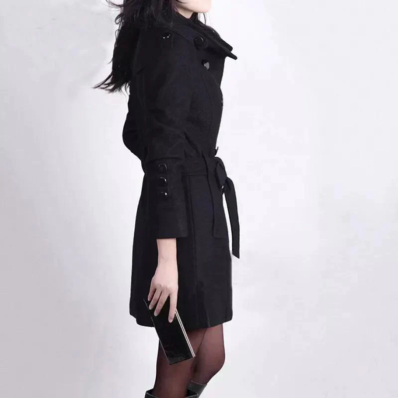 Classic women's belted trench coat, ideal professional business attire or stylish casual wear for fall/winter.