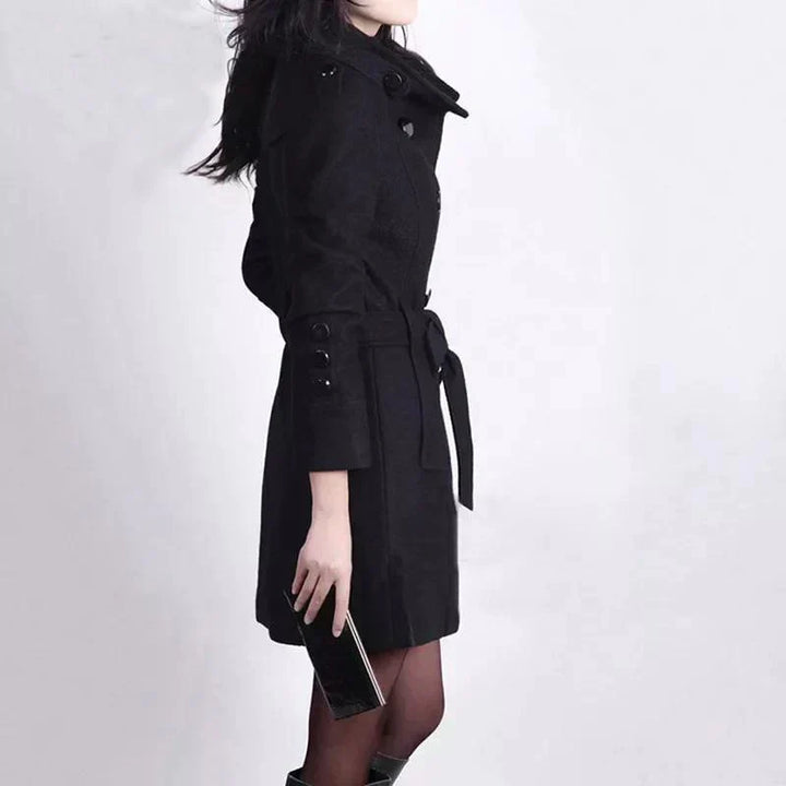 Classic women's belted trench coat, ideal professional business attire or stylish casual wear for fall/winter.
