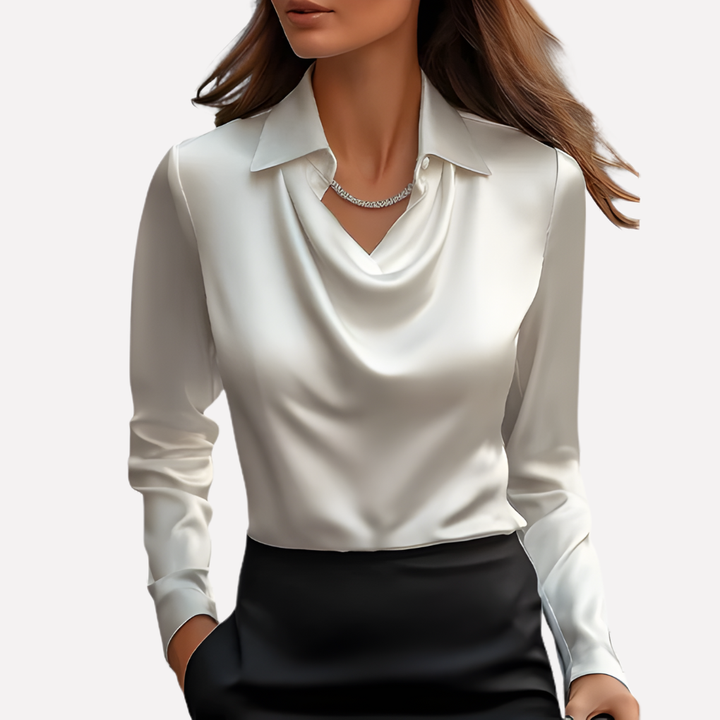 Elegant women's draped collar long sleeve blouse in a relaxed fit, perfect for office or evening wear.