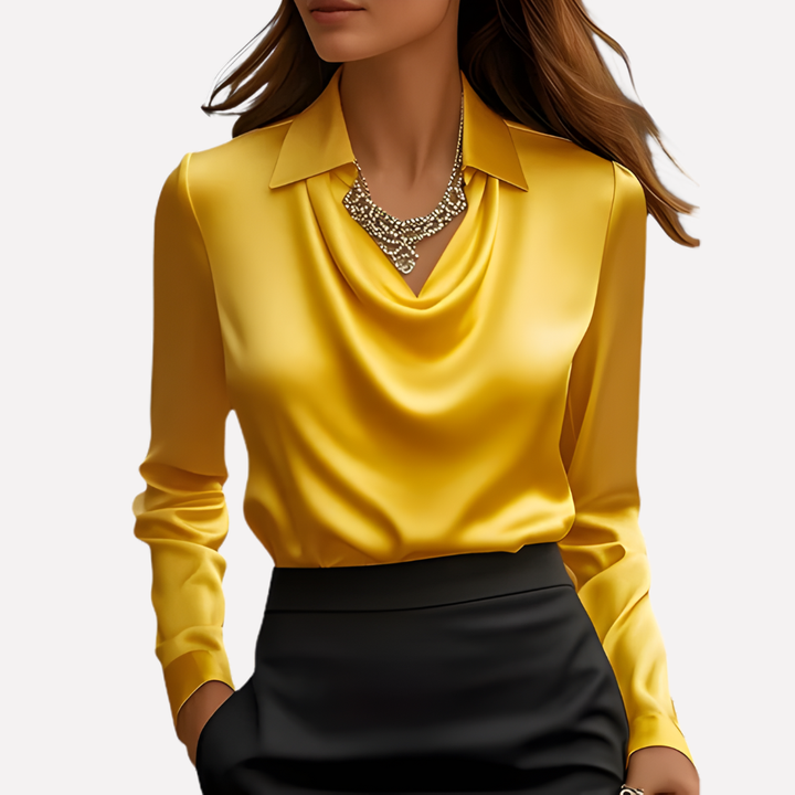 Versatile women's draped collar blouse with long sleeves, offering an elegant and chic office or evening look.