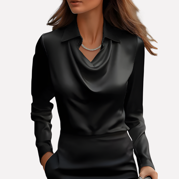 Chic women's long sleeve blouse with a stylish draped collar, a versatile classic for any wardrobe.