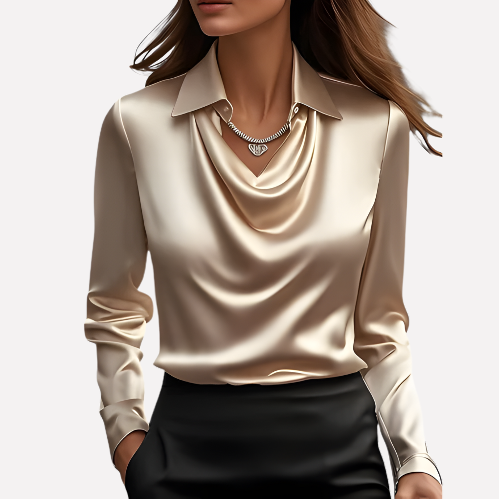 Chic women's long sleeve blouse, featuring an elegant draped collar for a versatile and sophisticated look.