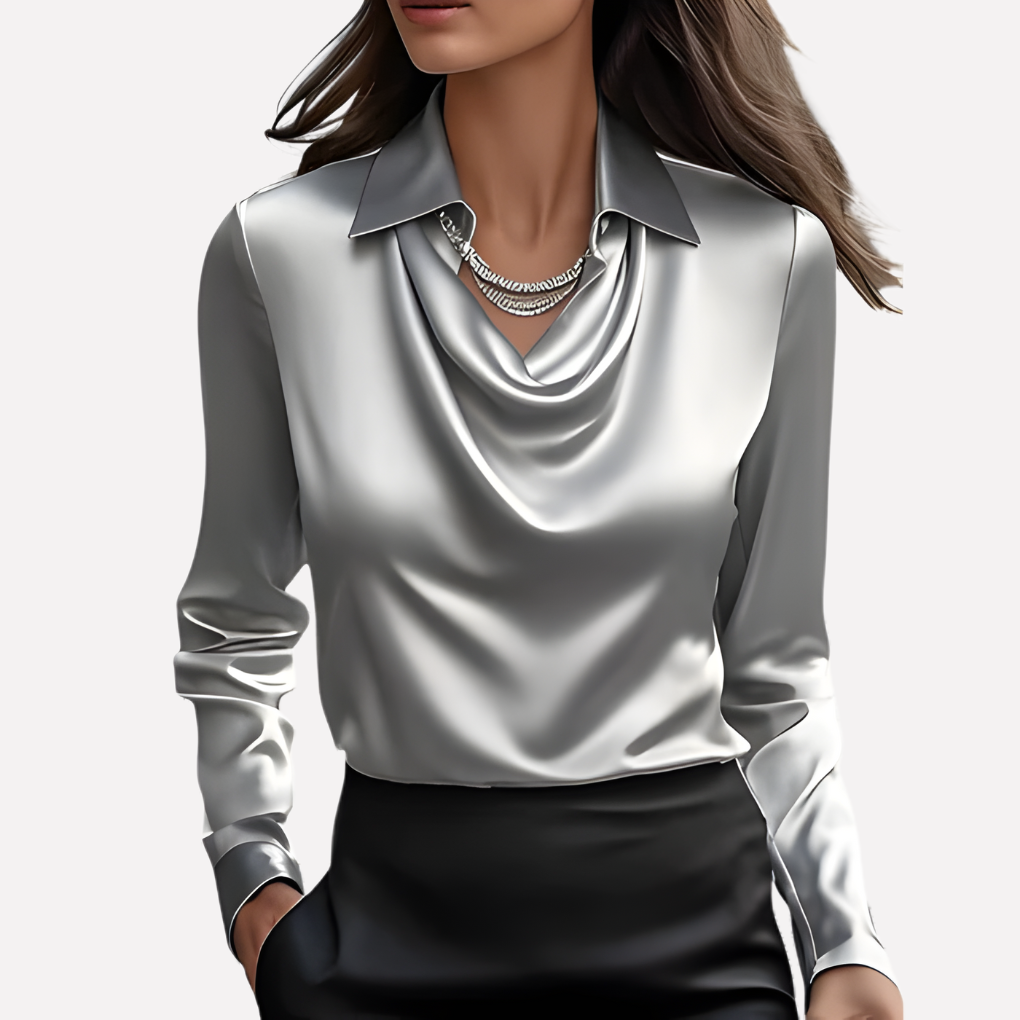Women's elegant draped collar long sleeve blouse, a classic chic top for office and evening wear.