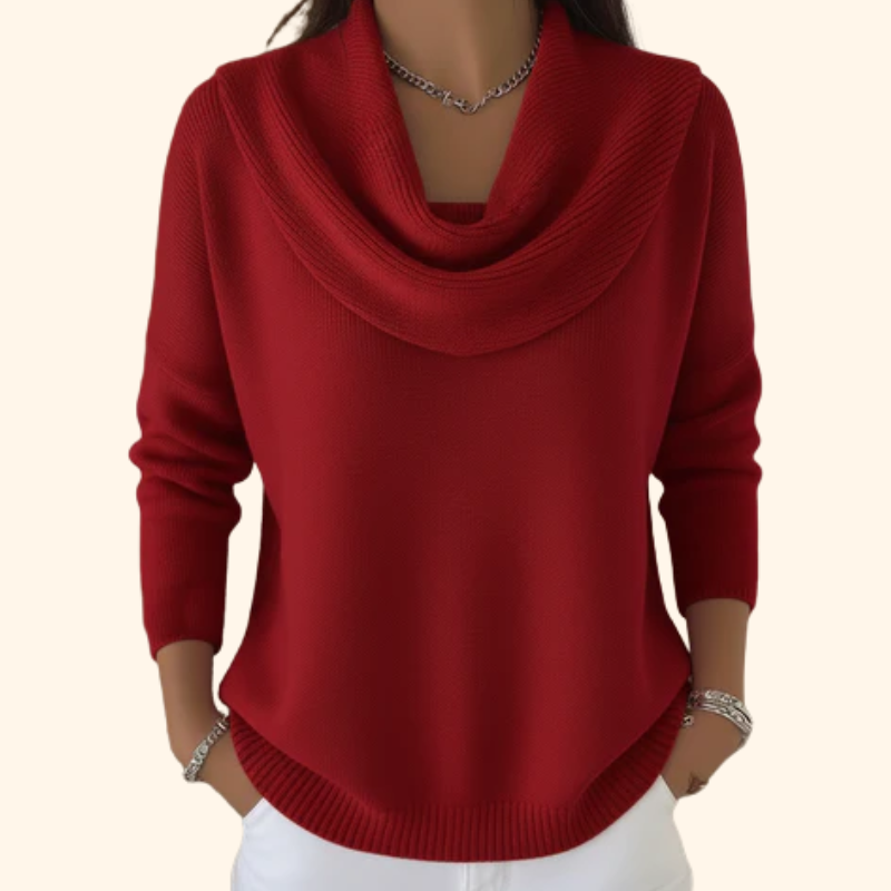 Elegant women's draped cowl neck sweater in soft knit, ideal for versatile winter fashion & cozy warmth.