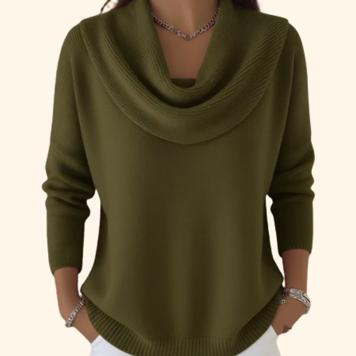 Stylish women's draped cowl neck sweater, a cozy long sleeve jumper perfect for casual or elegant winter outfits.